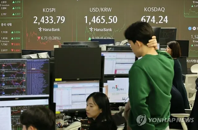 ウォンの対ドルレートなどを表示するハナ銀行本店ディーリングルームの掲示板＝２６日、ソウル（聯合ニュース）