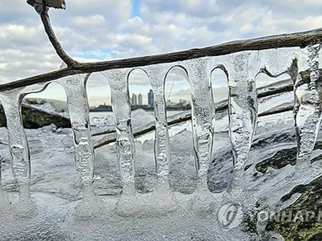 ソウルの最低気温が氷点下７．８度まで下がった先月２３日、市内を流れる漢江の周辺につららができている＝（聯合ニュース）
