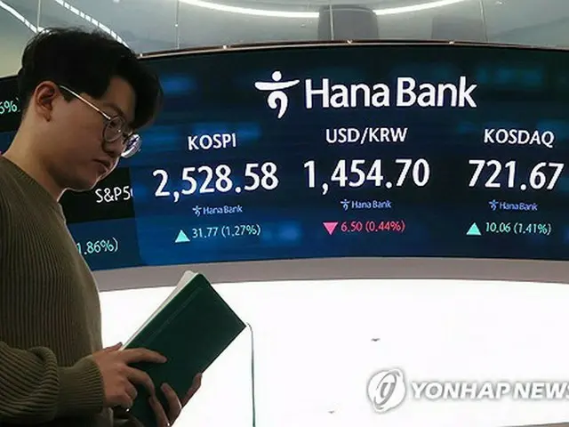 臨時休日の２７日は全ての証券市場が休場となる。総合株価指数（ＫＯＳＰＩ）などを表示するハナ銀行本店のディーリングルームの電光掲示板＝１６日、ソウル（聯合ニュース）