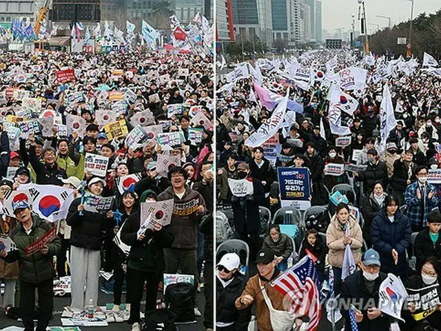 ３月１日にソウルで開かれた尹錫悦（ユン・ソクヨル）大統領の罷免を求める集会（左）と尹大統領の弾劾に反対する集会＝（聯合ニュース）