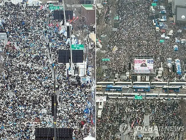 ソウル都心の各地で１日に行われた弾劾の賛成派と反対派の集会＝（聯合ニュース）