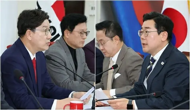 「国民の力」の権性東（クォン・ソンドン）院内代表（左）と「共に民主党」の朴贊大（パク・チャンデ）院内代表（資料写真）＝（聯合ニュース）