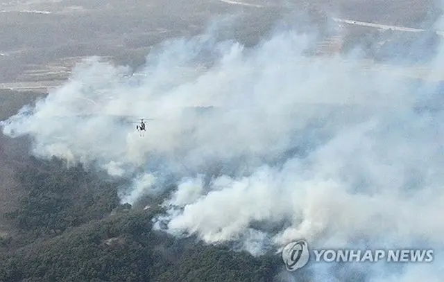 慶尚北道義城郡で燃え広がる山火事＝２５日、義城（聯合ニュース）