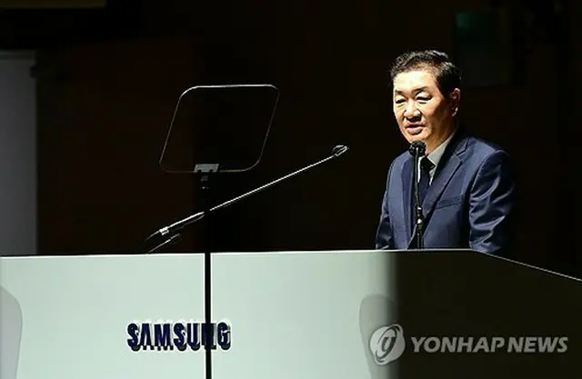 １９日に開かれたサムスン電子の定期株主総会で発言する韓氏（資料写真）＝（聯合ニュース）