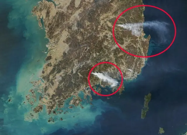 NASA衛星が捉えた韓国の山火事...海岸まで立ち込める霧の壁