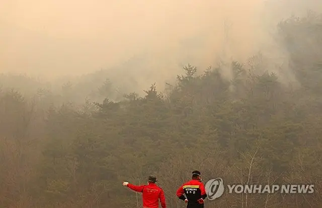 煙を上げる山林＝２６日、安東（聯合ニュース）