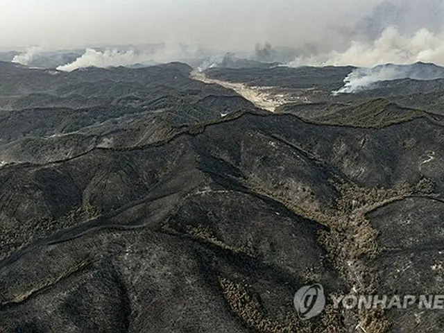 煙を上げる山林＝（聯合ニュース）