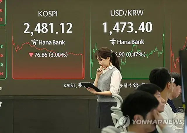 ウォンの対ドルレートなどを表示するハナ銀行本店ディーリングルームの掲示板＝３１日、ソウル（聯合ニュース）