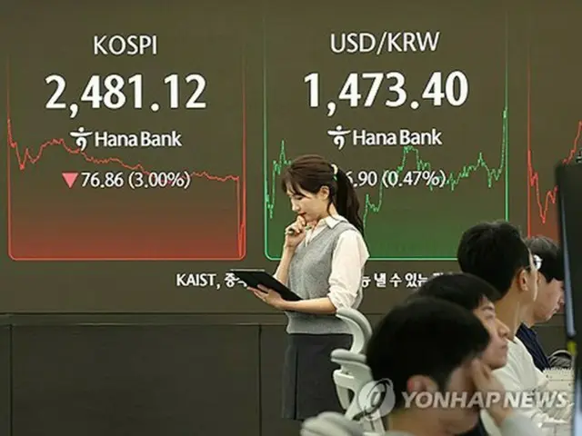 ウォンの対ドルレートなどを表示するハナ銀行本店ディーリングルームの掲示板＝３１日、ソウル（聯合ニュース）