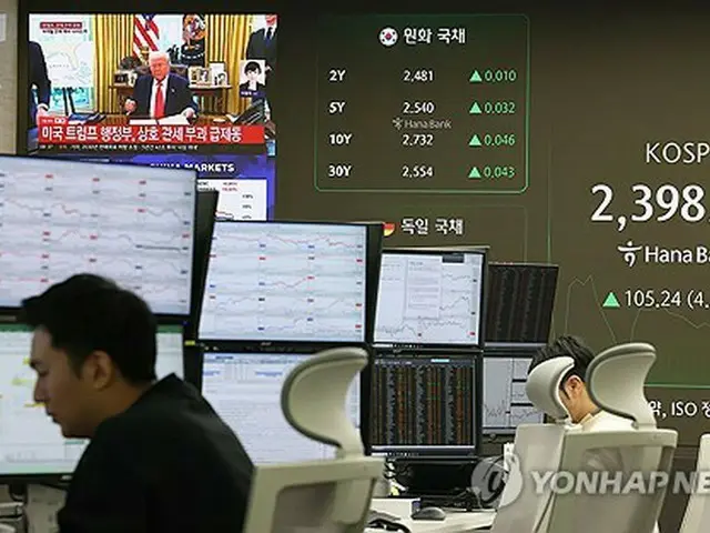取引時間中のソウルのハナ銀行本店のディーリングルーム＝１０日、ソウル（聯合ニュース）