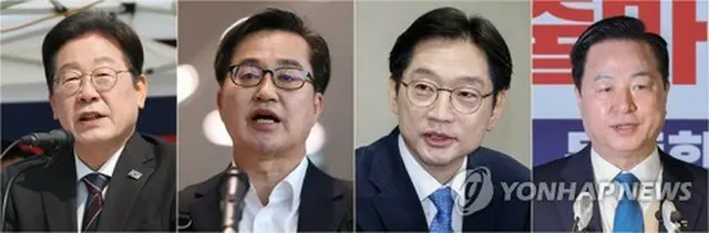 左から李在明（イ・ジェミョン）前代表、金東ヨン（キム・ドンヨン）京畿道知事、金慶洙（キム・ギョンス）元慶尚南道知事、金斗官（キム・ドゥグァン）前国会議員＝（聯合ニュース）