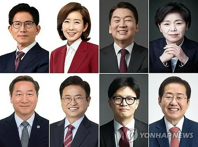 「国民の力」の大統領選予備選の候補者８人。上段左から金文洙（キム・ムンス）前雇用労働部長官、羅卿ウォン（ナ・ギョンウォン）国会議員、安哲秀（アン・チョルス）国会議員、梁香子（ヤン・ヒャンジャ）前国会議員、下段左から劉正福（ユ・ジョンボク）仁川市長、李チョル雨（イ・チョルウ）慶尚北道知事、韓東勲（ハン・ドンフン）国民の力前代表、洪準杓（ホン・ジュンピョ）前大邱市長（国民の力提供）＝（聯合ニュース）≪転載・転用禁止≫