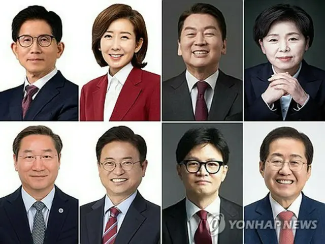 「国民の力」の大統領選予備選の候補者８人。上段左から金文洙（キム・ムンス）前雇用労働部長官、羅卿ウォン（ナ・ギョンウォン）国会議員、安哲秀（アン・チョルス）国会議員、梁香子（ヤン・ヒャンジャ）前国会議員、下段左から劉正福（ユ・ジョンボク）仁川市長、李チョル雨（イ・チョルウ）慶尚北道知事、韓東勲（ハン・ドンフン）国民の力前代表、洪準杓（ホン・ジュンピョ）前大邱市長（国民の力提供）＝（聯合ニュース）≪転載・転用禁止≫