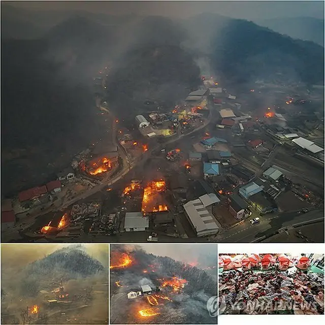 先月に韓国南東部で発生した大規模な山火事＝（聯合ニュース）