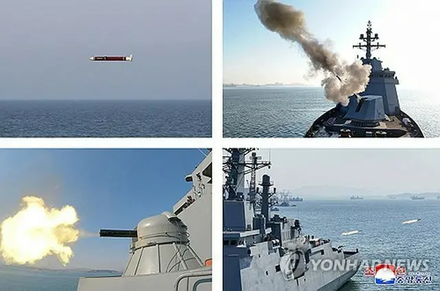 北朝鮮の新型多目的攻撃駆逐艦「崔賢」の発射実験＝（朝鮮中央通信＝聯合ニュース）≪転載・転用禁止≫