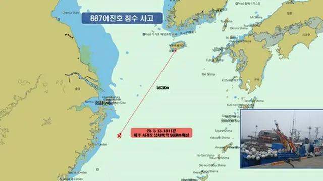 浸水事故の現場周辺の地図。赤線は済州島と事故現場を結んでいる（済州地方海洋警察庁提供）＝（聯合ニュース）≪転載・転用禁止≫