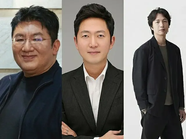 左から房時赫氏、イ・ジェサン氏、シン・ヨンジェ氏（ＨＹＢＥ提供）＝（聯合ニュース）≪転載・転用禁止≫