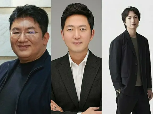 左から房時赫氏、イ・ジェサン氏、シン・ヨンジェ氏（ＨＹＢＥ提供）＝（聯合ニュース）≪転載・転用禁止≫