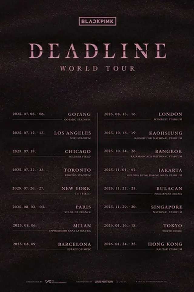 ＢＬＡＣＫＰＩＮＫのワールドツアー「ＤＥＡＤＬＩＮＥ」が１６都市で開催される（ＹＧエンターテインメント提供）＝（聯合ニュース）≪転載・転用禁止≫