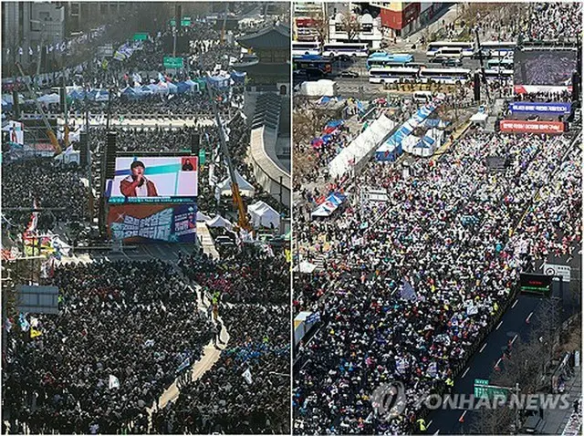 今年３月、尹錫悦前大統領の弾劾審判をめぐり、罷免賛成派（左）と反対派がソウル中心部の光化門付近でそれぞれ大規模集会を開いた（資料写真）＝（聯合ニュース）