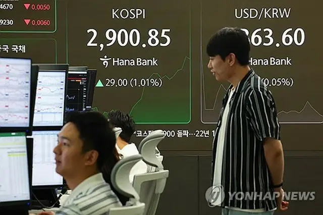 ハナ銀行本店のディーリングルームのモニターに表示されたＫＯＳＰＩ＝１１日、ソウル（聯合ニュース）