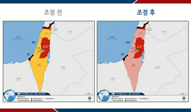 旅行警報が出されているイスラエルの地域（外交部提供）＝（聯合ニュース）≪転載・転用禁止≫
