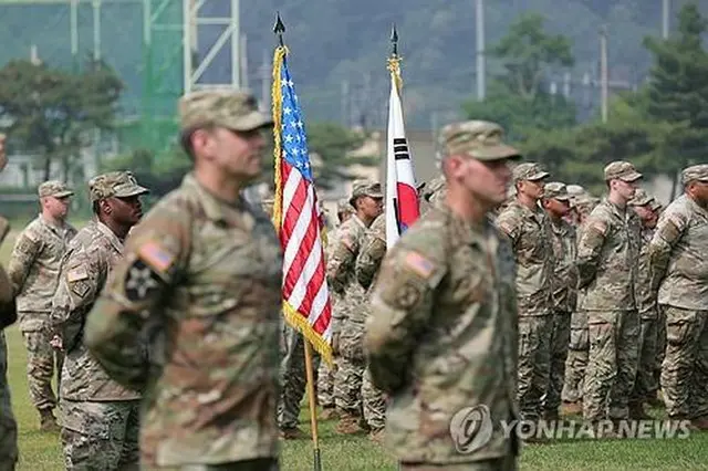 先月１８日、ソウル近郊・東豆川の在韓米軍基地で行われた在韓米軍循環配備旅団の任務交代式（資料写真）＝（聯合ニュース）
