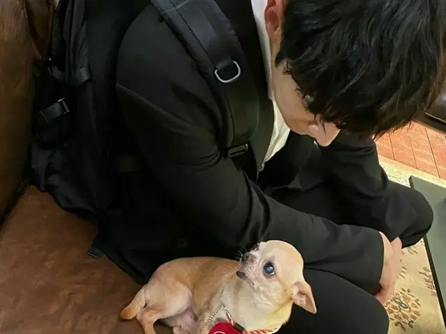 俳優チェ・ジニョク、かわいい子犬と見つめあう...スーツ姿も格別